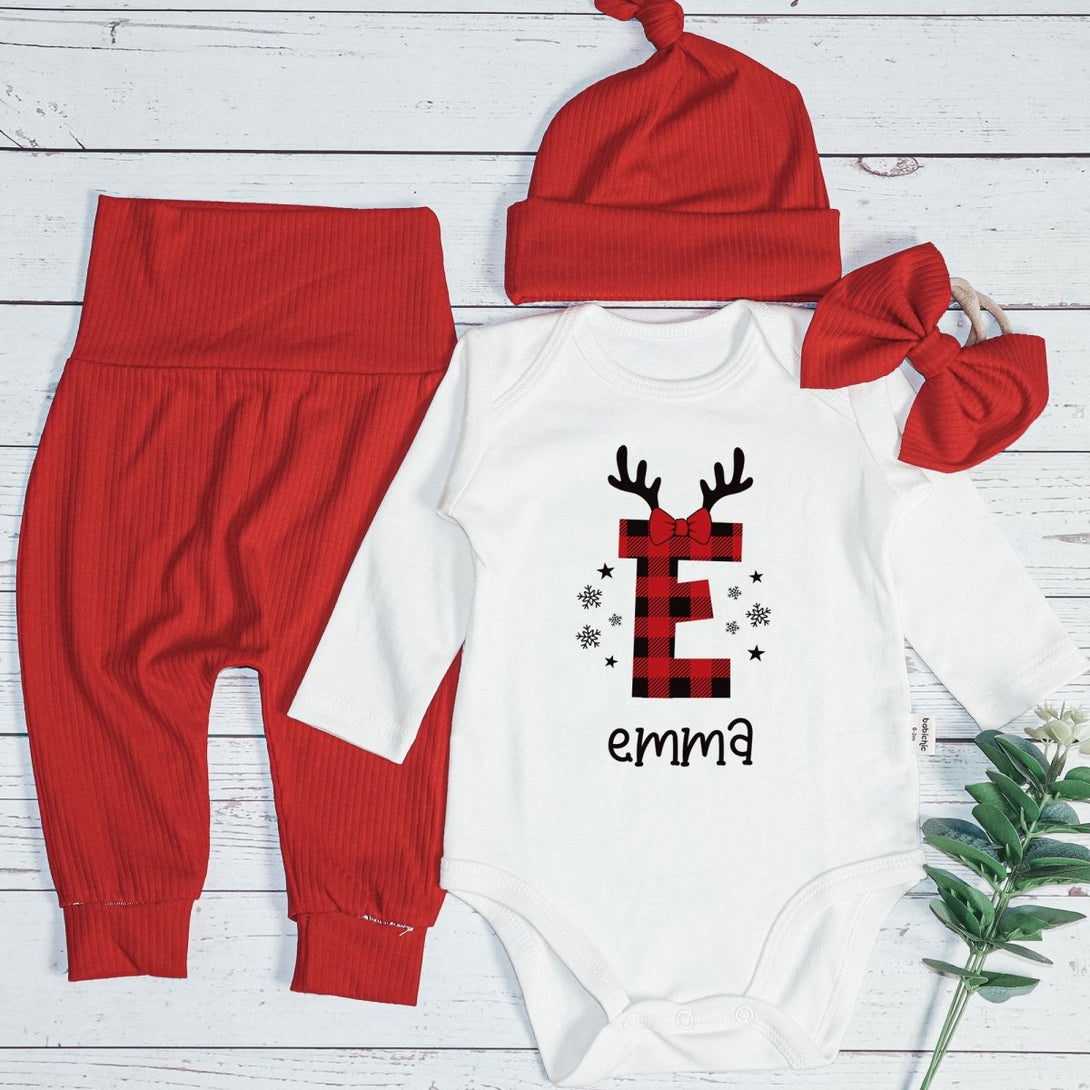 Personalized Christmas Monogram Alphabet Baby Onesie and Red Long Pants | Custom Buffalo Plaid Letter Name Bodysuit - BabiChic