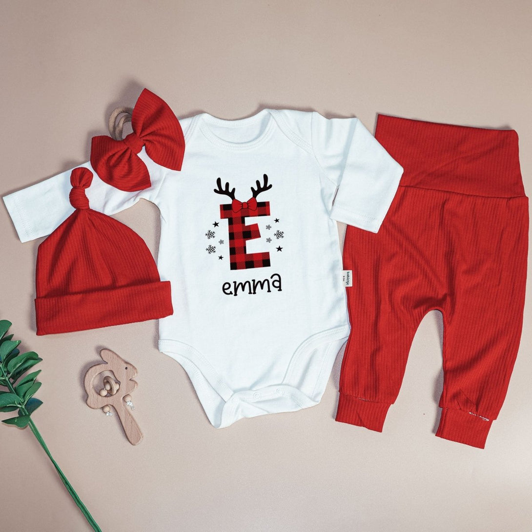 Personalized Christmas Monogram Alphabet Baby Onesie and Red Long Pants | Custom Buffalo Plaid Letter Name Bodysuit - BabiChic