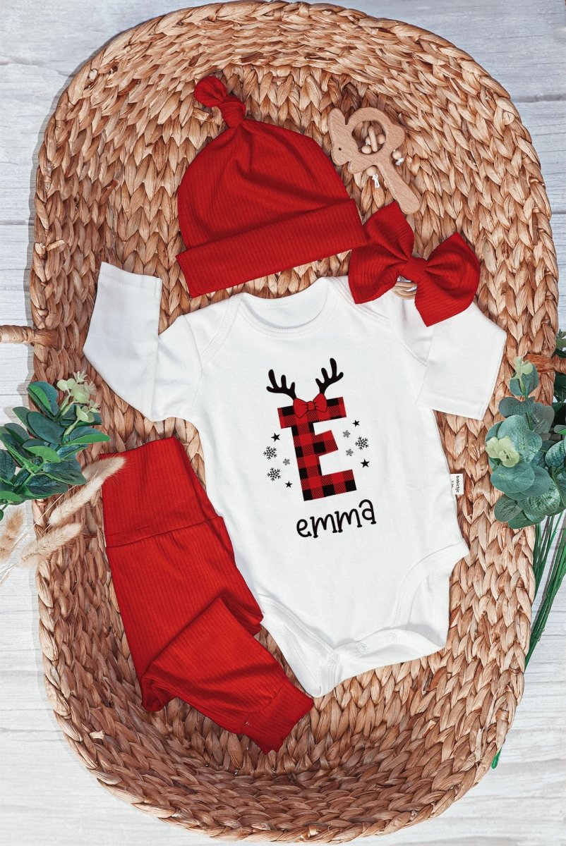 Personalized Christmas Monogram Alphabet Baby Onesie and Red Long Pants | Custom Buffalo Plaid Letter Name Bodysuit - BabiChic