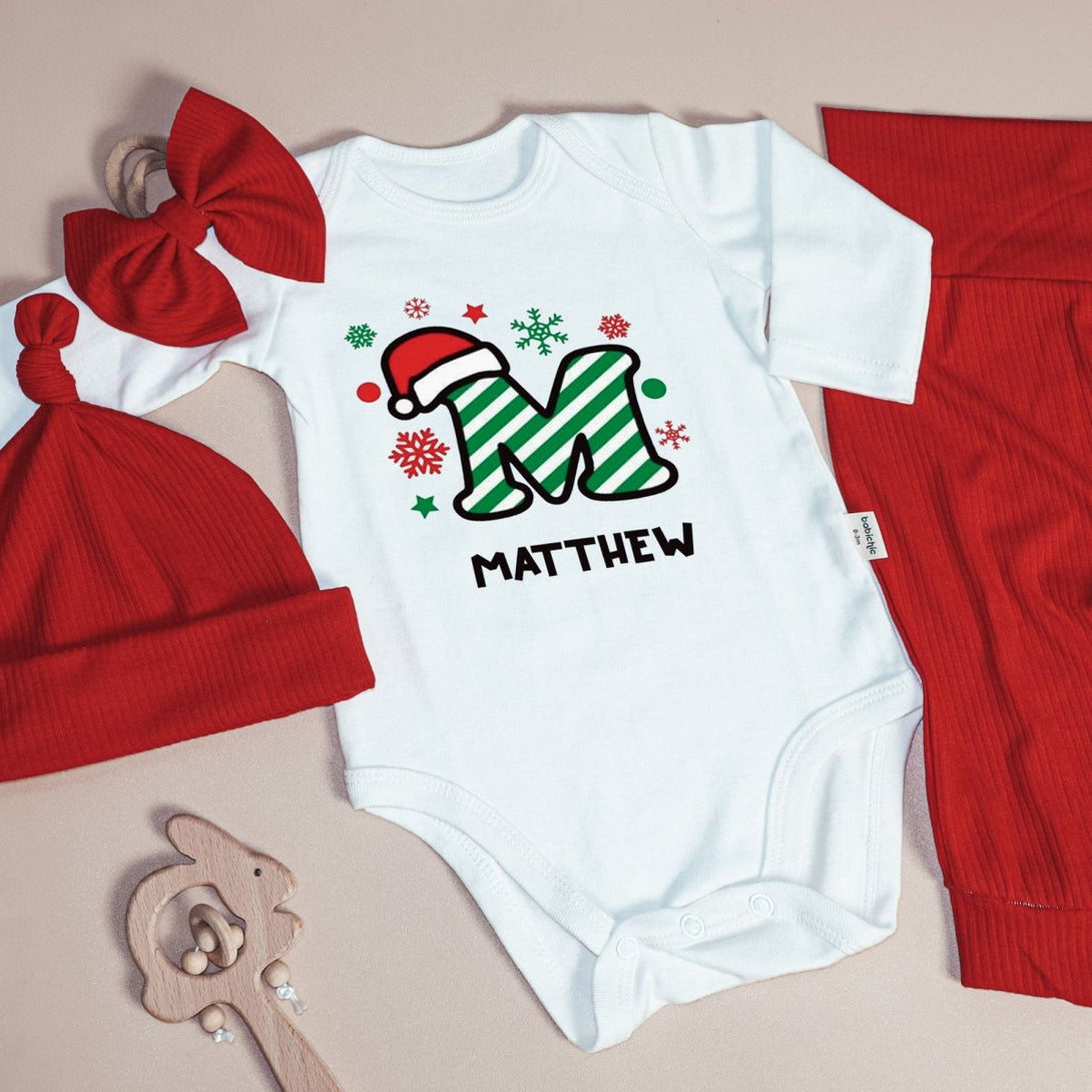 Personalized Christmas Monogram Alphabet Baby Onesie and Red Long Pants | Custom Letter Name Bodysuit - BabiChic