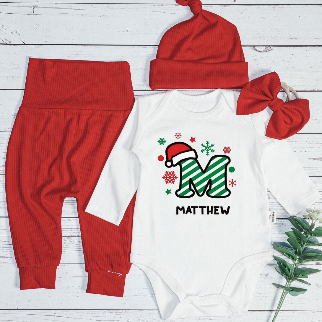 Personalized Christmas Monogram Alphabet Baby Onesie and Red Long Pants | Custom Letter Name Bodysuit - BabiChic