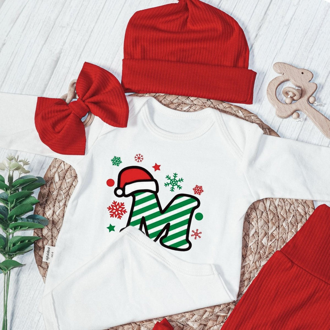 Personalized Christmas Monogram Alphabet Baby Onesie and Red Long Pants | Custom Letter Name Bodysuit - BabiChic