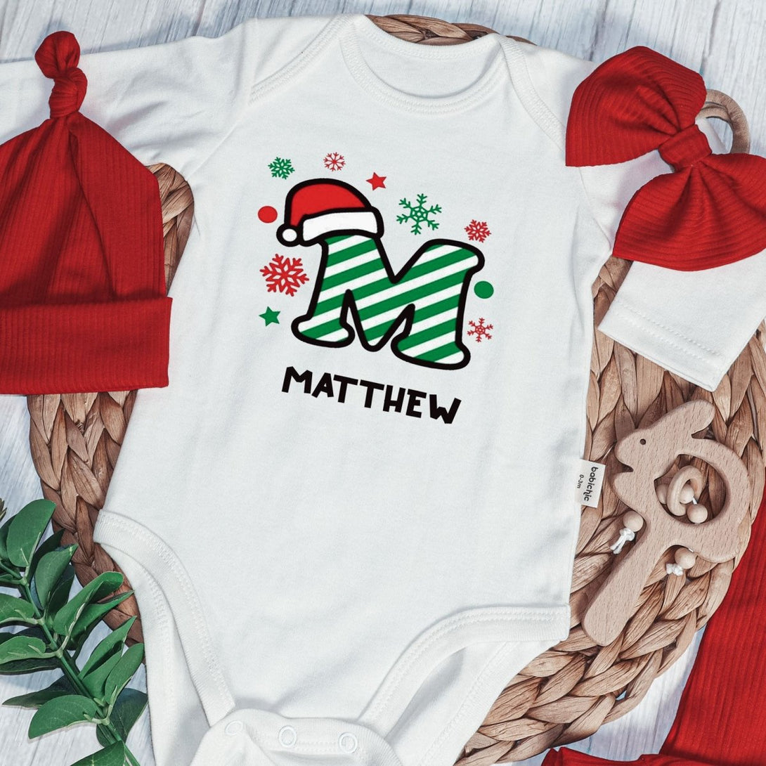 Personalized Christmas Monogram Alphabet Baby Onesie and Red Long Pants | Custom Letter Name Bodysuit - BabiChic