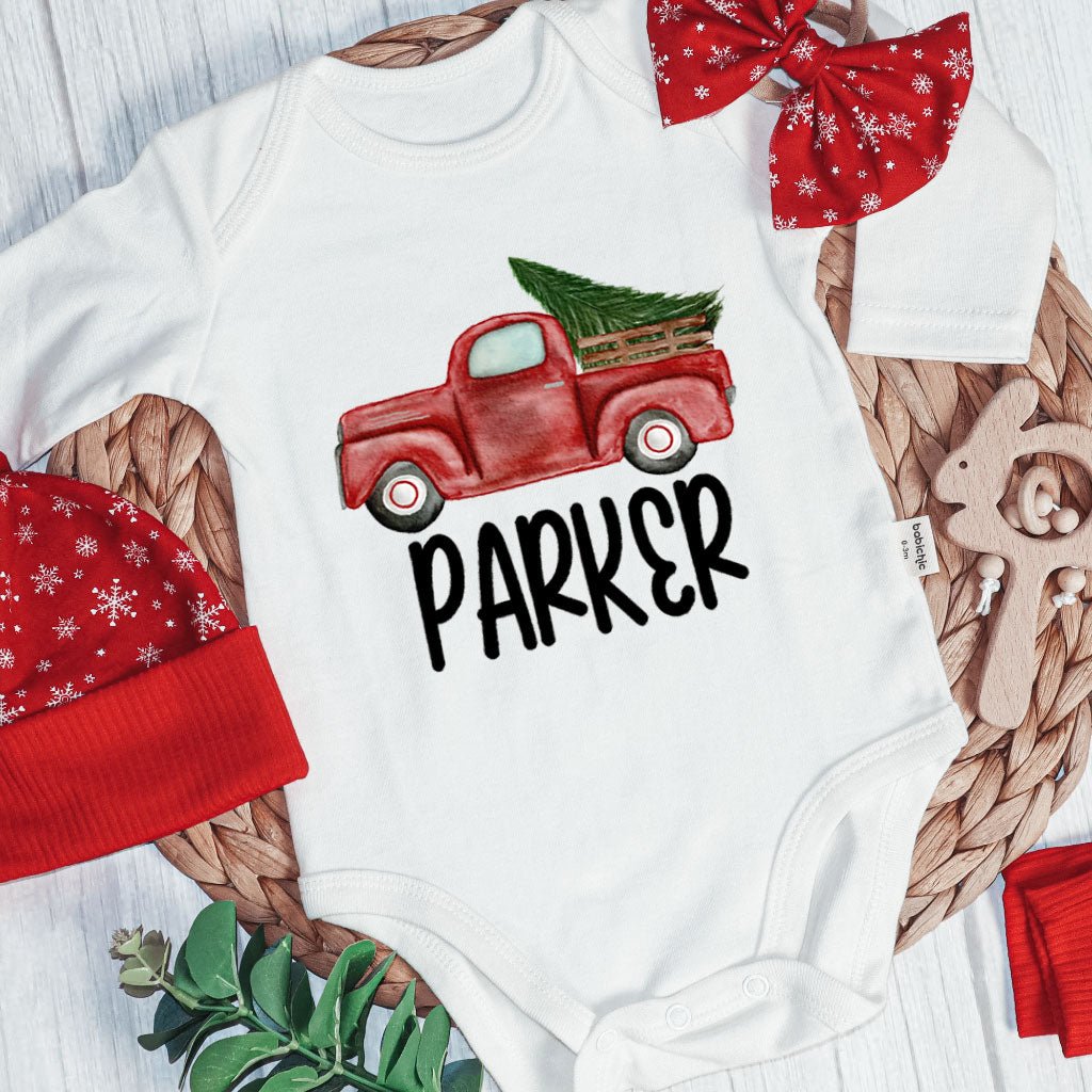 Personalized Christmas Neutral Baby Onesies and Long Pants Set | Custom Baby Onesies Red Truck Baby Name | Infant Christmas Outfit - BabiChic