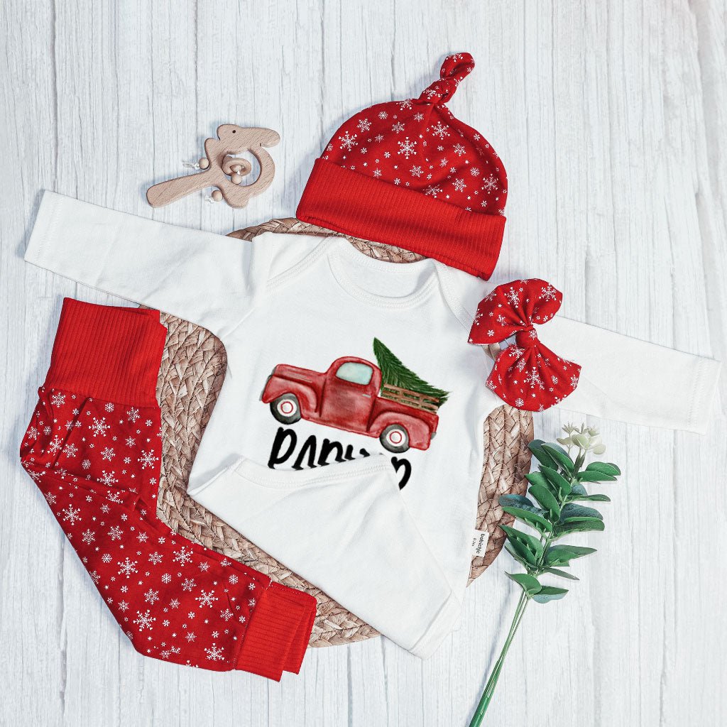 Personalized Christmas Neutral Baby Onesies and Long Pants Set | Custom Baby Onesies Red Truck Baby Name | Infant Christmas Outfit - BabiChic