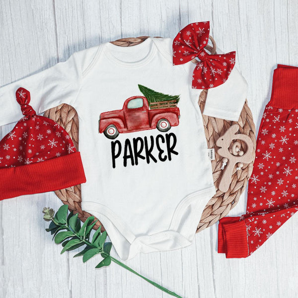 Personalized Christmas Neutral Baby Onesies and Long Pants Set | Custom Baby Onesies Red Truck Baby Name | Infant Christmas Outfit - BabiChic