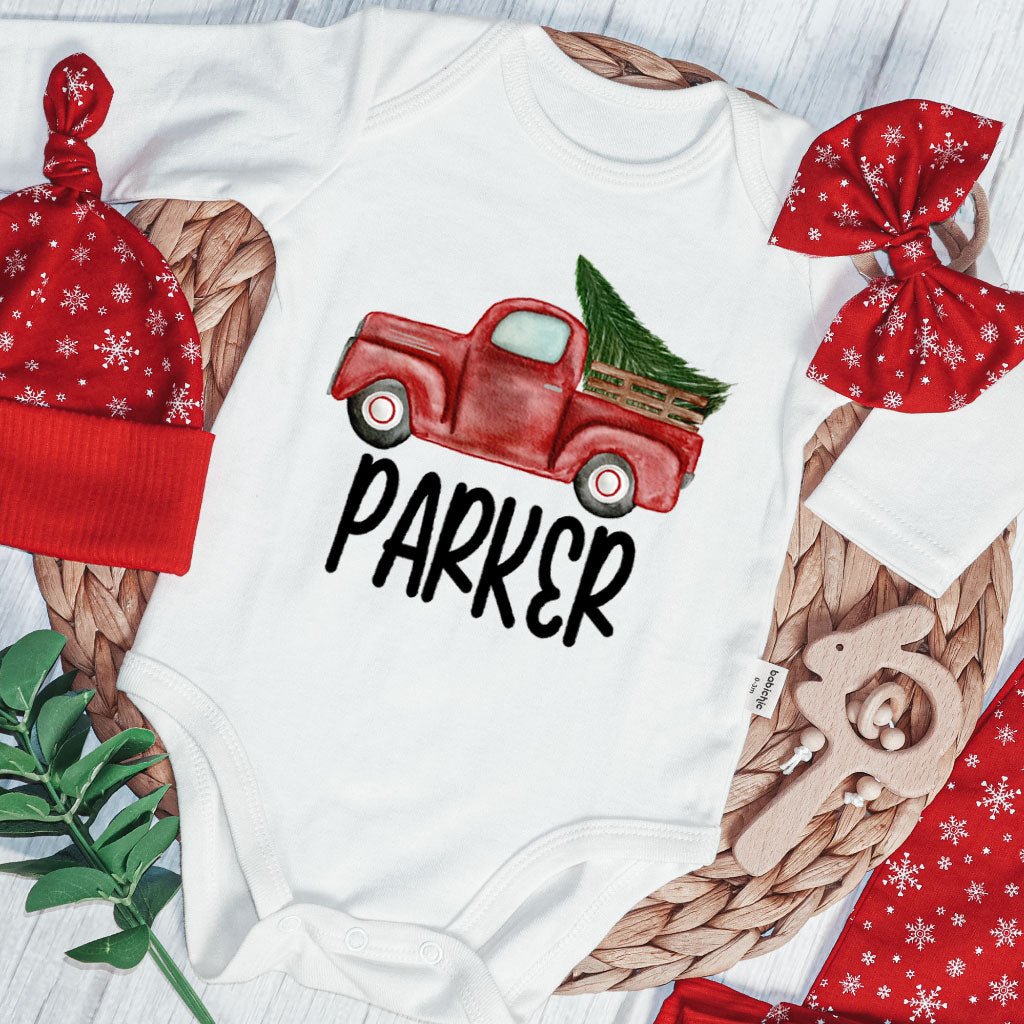 Personalized Christmas Neutral Baby Onesies and Long Pants Set | Custom Baby Onesies Red Truck Baby Name | Infant Christmas Outfit - BabiChic