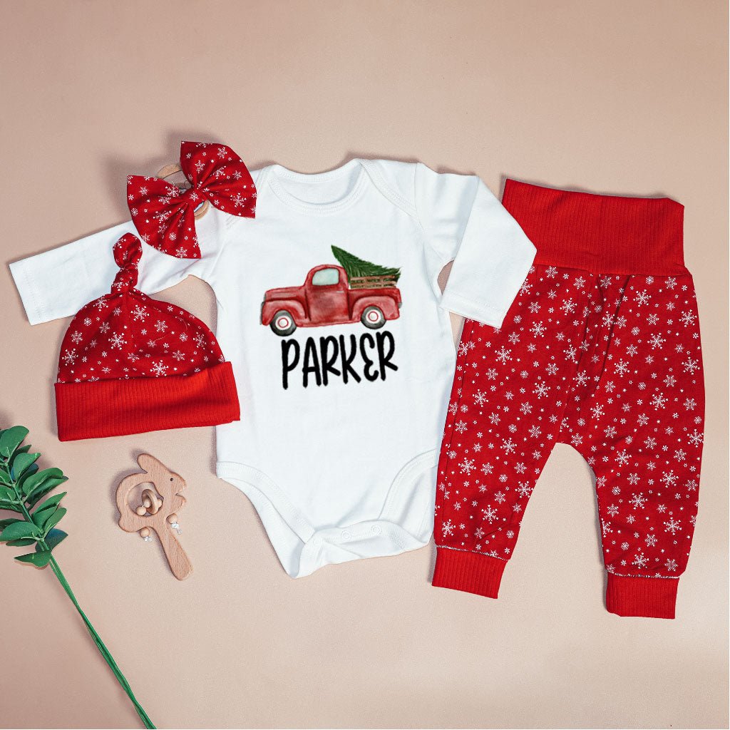 Personalized Christmas Neutral Baby Onesies and Long Pants Set | Custom Baby Onesies Red Truck Baby Name | Infant Christmas Outfit - BabiChic