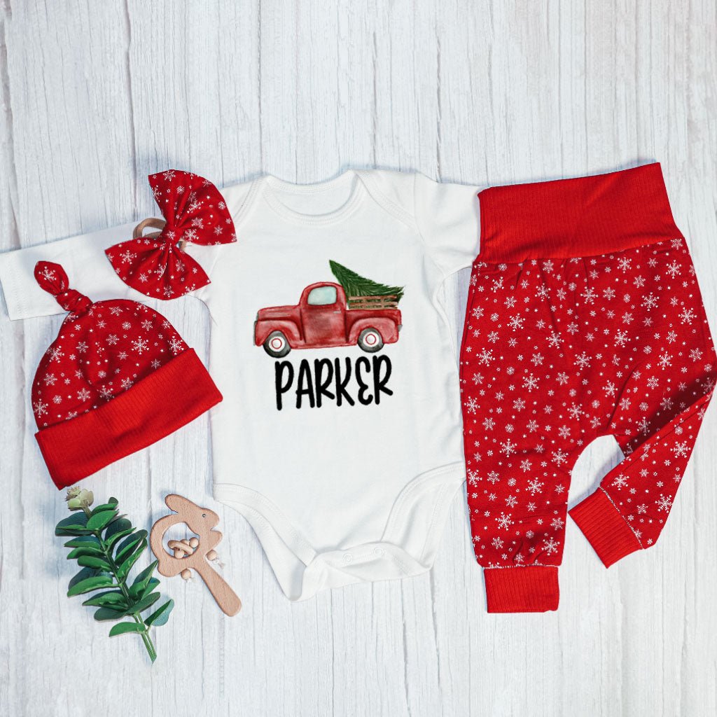 Personalized Christmas Neutral Baby Onesies and Long Pants Set | Custom Baby Onesies Red Truck Baby Name | Infant Christmas Outfit - BabiChic