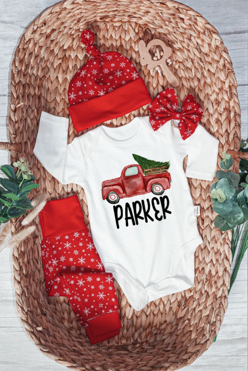 Personalized Christmas Neutral Baby Onesies and Long Pants Set | Custom Baby Onesies Red Truck Baby Name | Infant Christmas Outfit - BabiChic