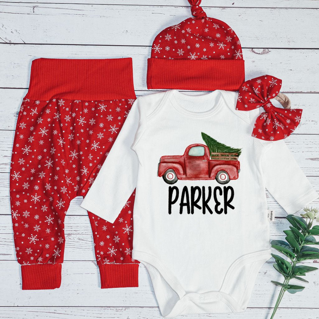 Personalized Christmas Neutral Baby Onesies and Long Pants Set | Custom Baby Onesies Red Truck Baby Name | Infant Christmas Outfit - BabiChic