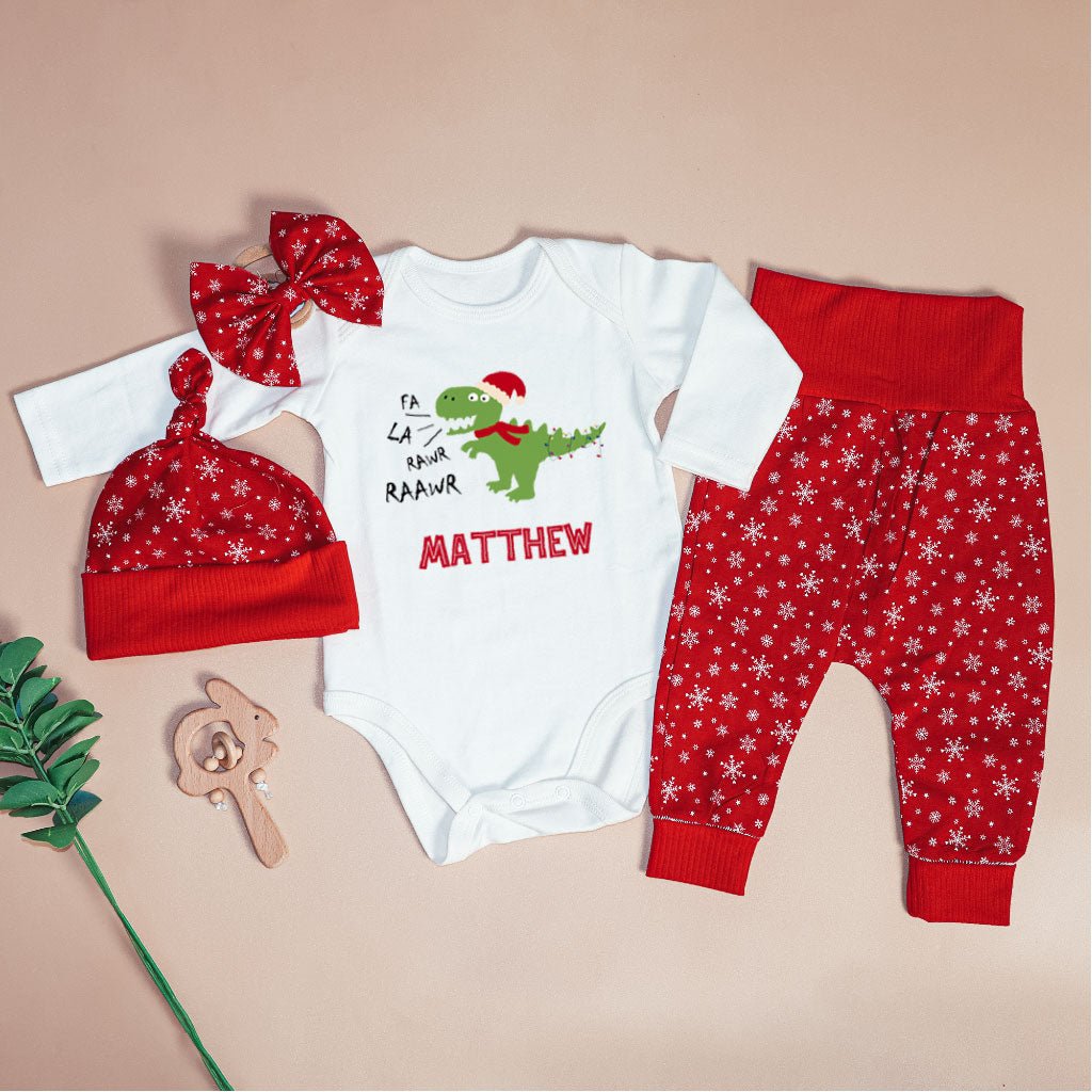 Personalized Christmas Neutral Baby Onesies and Long Pants Set | Custom Infant Onesie Dinosaur Xmas Light Baby Name | Newborn Xmas Outfit - BabiChic