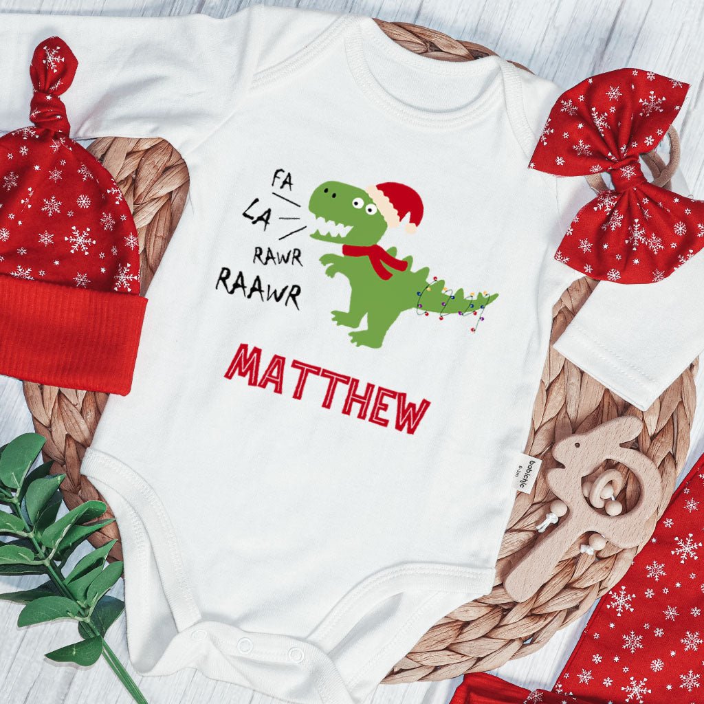 Personalized Christmas Neutral Baby Onesies and Long Pants Set | Custom Infant Onesie Dinosaur Xmas Light Baby Name | Newborn Xmas Outfit - BabiChic