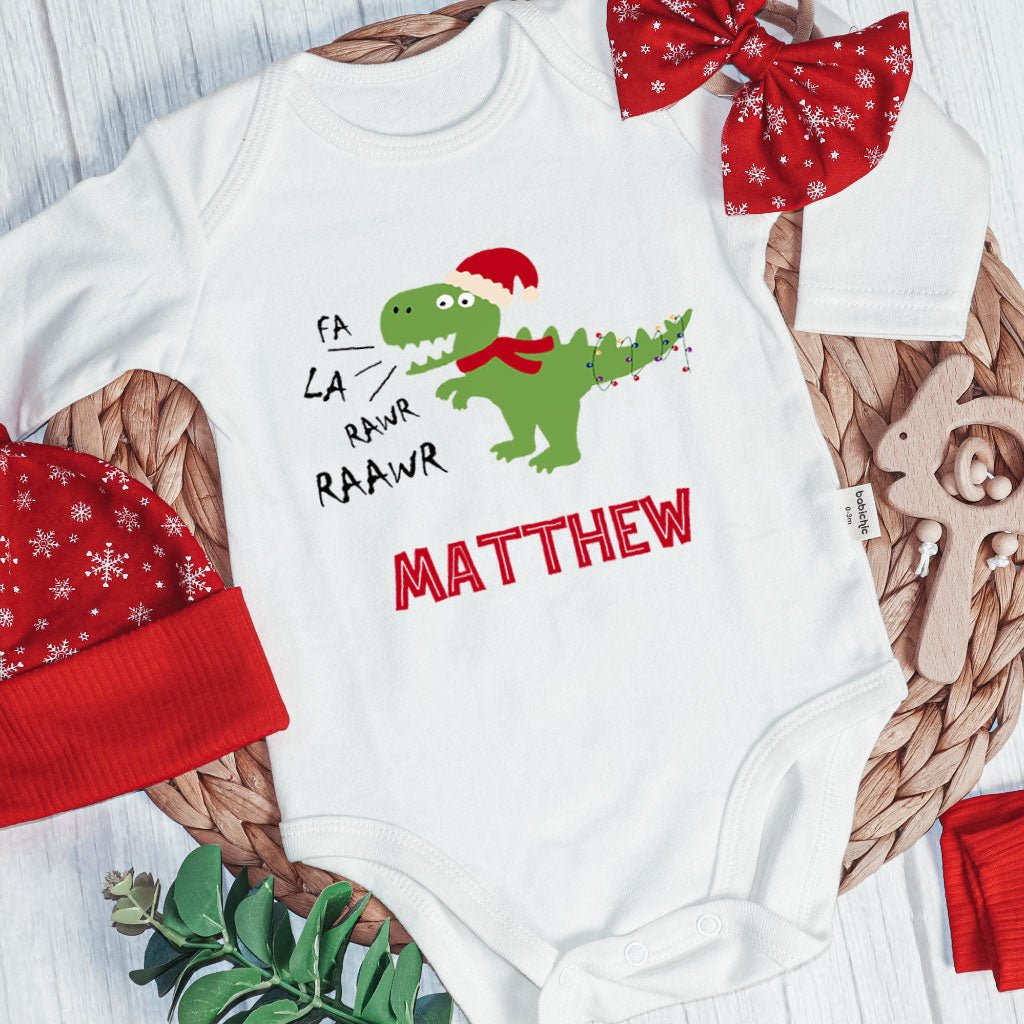 Personalized Christmas Neutral Baby Onesies and Long Pants Set | Custom Infant Onesie Dinosaur Xmas Light Baby Name | Newborn Xmas Outfit - BabiChic