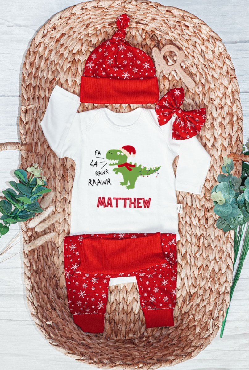 Personalized Christmas Neutral Baby Onesies and Long Pants Set | Custom Infant Onesie Dinosaur Xmas Light Baby Name | Newborn Xmas Outfit - BabiChic