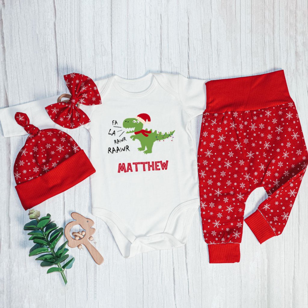 Personalized Christmas Neutral Baby Onesies and Long Pants Set | Custom Infant Onesie Dinosaur Xmas Light Baby Name | Newborn Xmas Outfit - BabiChic