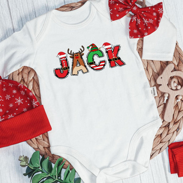 Personalized Christmas Neutral Baby Onesies and Long Pants Set | Custom Infant Onesie Monogram Santa Reindeer and Elf Baby Name - BabiChic