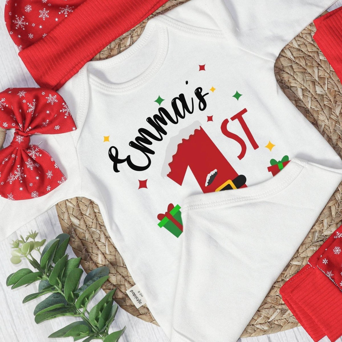 Personalized Christmas Neutral Baby Onesies and Long Pants Set | Custom Infant Onesie My 1st Christmas Baby Name | Newborn Christmas Onesie - BabiChic