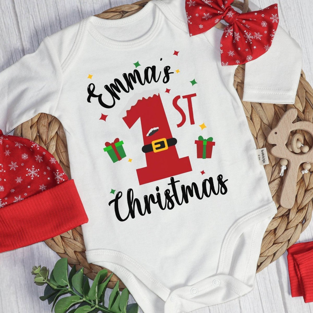 Personalized Christmas Neutral Baby Onesies and Long Pants Set | Custom Infant Onesie My 1st Christmas Baby Name | Newborn Christmas Onesie - BabiChic