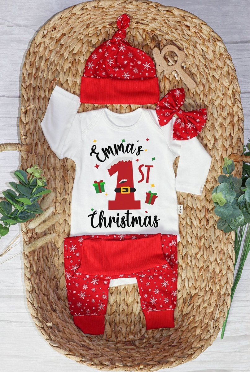 Personalized Christmas Neutral Baby Onesies and Long Pants Set | Custom Infant Onesie My 1st Christmas Baby Name | Newborn Christmas Onesie - BabiChic