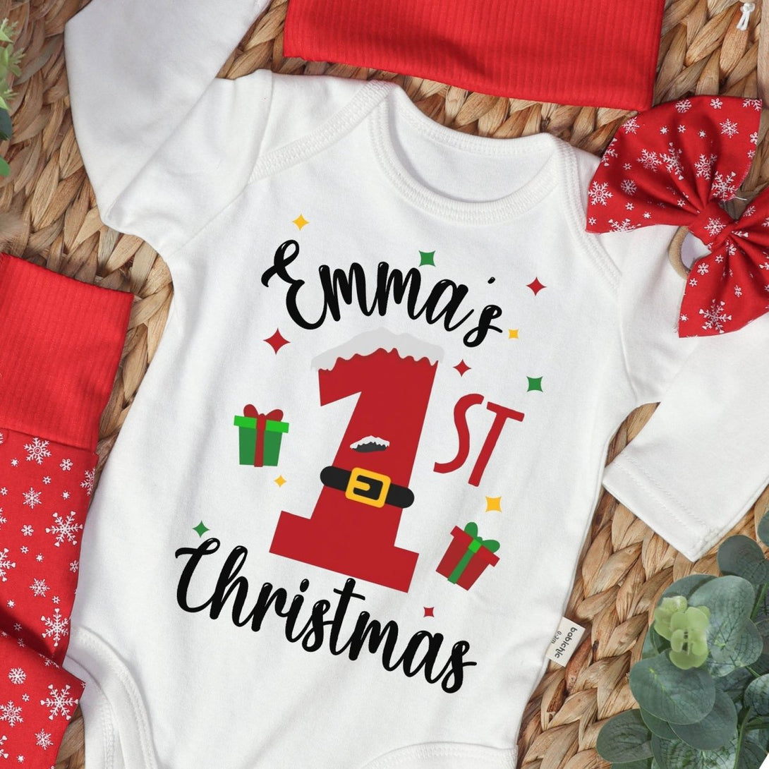 Personalized Christmas Neutral Baby Onesies and Long Pants Set | Custom Infant Onesie My 1st Christmas Baby Name | Newborn Christmas Onesie - BabiChic