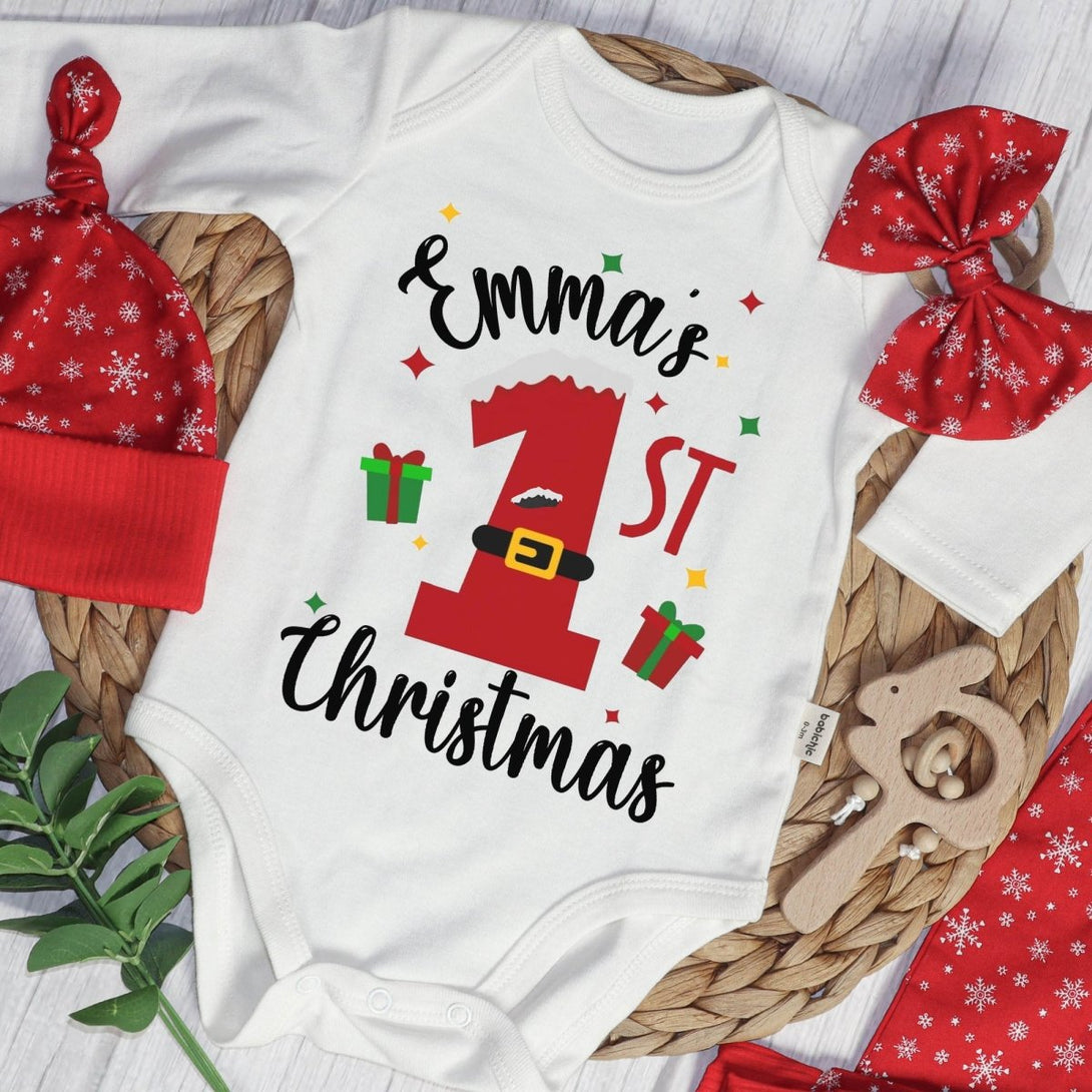 Personalized Christmas Neutral Baby Onesies and Long Pants Set | Custom Infant Onesie My 1st Christmas Baby Name | Newborn Christmas Onesie - BabiChic