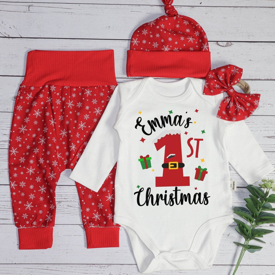 Personalized Christmas Neutral Baby Onesies and Long Pants Set | Custom Infant Onesie My 1st Christmas Baby Name | Newborn Christmas Onesie - BabiChic