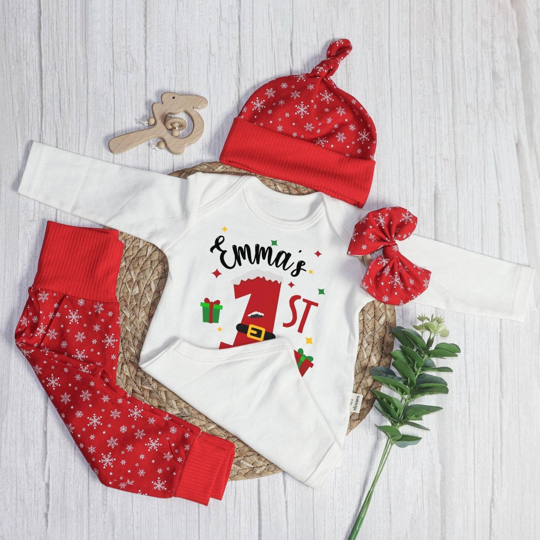 Personalized Christmas Neutral Baby Onesies and Long Pants Set | Custom Infant Onesie My 1st Christmas Baby Name | Newborn Christmas Onesie - BabiChic