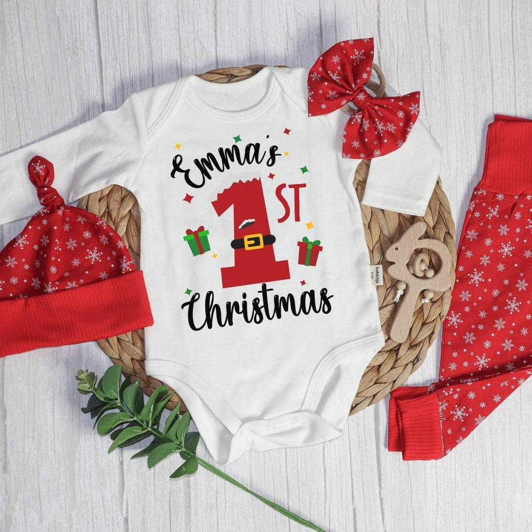 Personalized Christmas Neutral Baby Onesies and Long Pants Set | Custom Infant Onesie My 1st Christmas Baby Name | Newborn Christmas Onesie - BabiChic