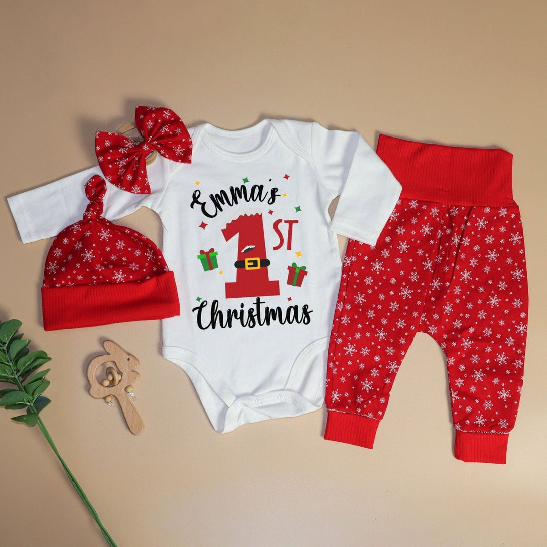 Personalized Christmas Neutral Baby Onesies and Long Pants Set | Custom Infant Onesie My 1st Christmas Baby Name | Newborn Christmas Onesie - BabiChic