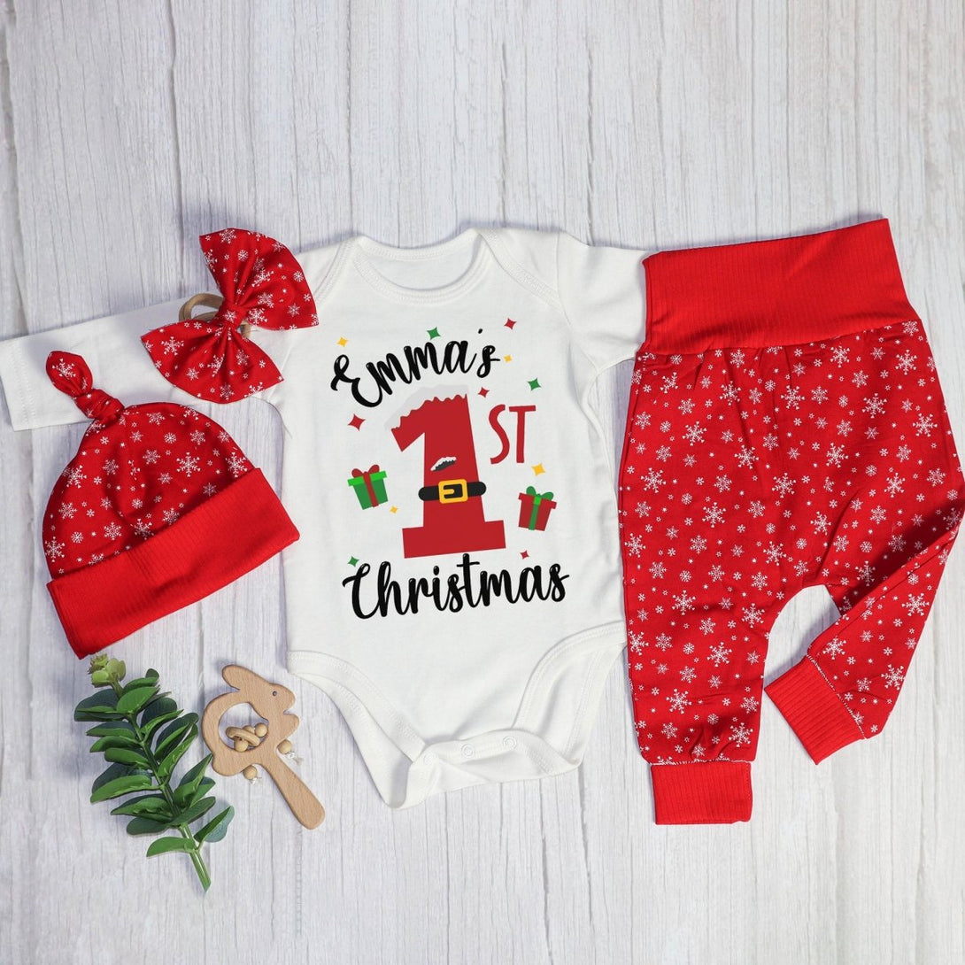 Personalized Christmas Neutral Baby Onesies and Long Pants Set | Custom Infant Onesie My 1st Christmas Baby Name | Newborn Christmas Onesie - BabiChic