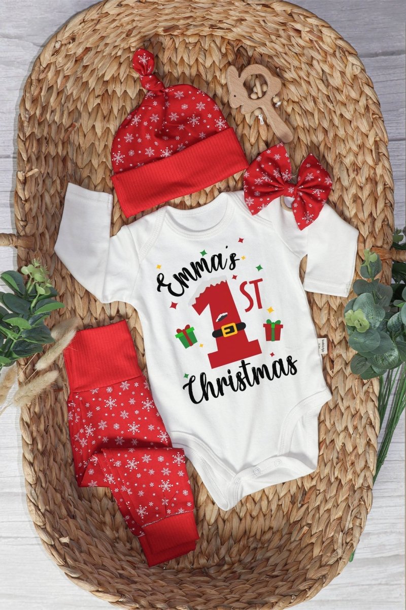 Personalized Christmas Neutral Baby Onesies and Long Pants Set | Custom Infant Onesie My 1st Christmas Baby Name | Newborn Christmas Onesie - BabiChic