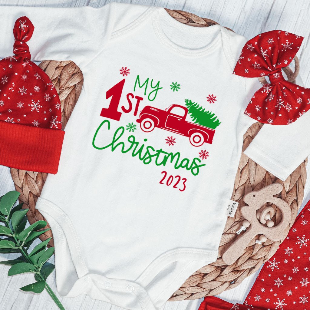 Personalized Christmas Neutral Baby Onesies and Long Pants Set | Custom Newborn Onesie My 1st Christmas Red Truck Baby Name - BabiChic