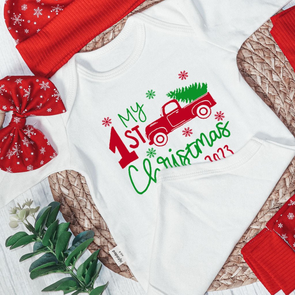 Personalized Christmas Neutral Baby Onesies and Long Pants Set | Custom Newborn Onesie My 1st Christmas Red Truck Baby Name - BabiChic