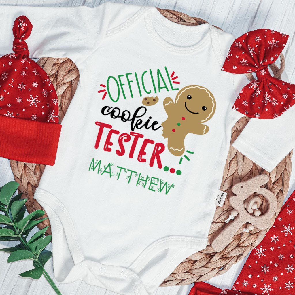 Personalized Christmas Neutral Baby Onesies and Long Pants Set | Gingerbread Cookies My First Christmas Baby Name | Newborn Xmas Outfit - BabiChic