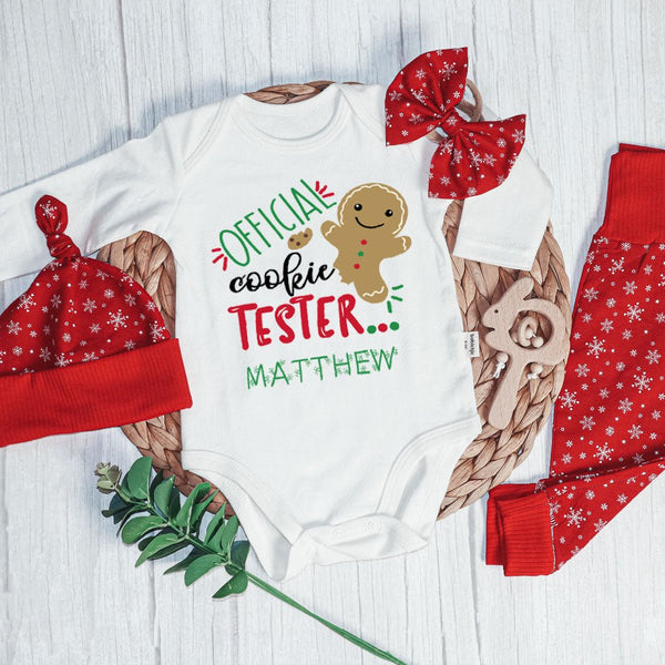 Personalized Christmas Neutral Baby Onesies and Long Pants Set | Gingerbread Cookies My First Christmas Baby Name | Newborn Xmas Outfit - BabiChic