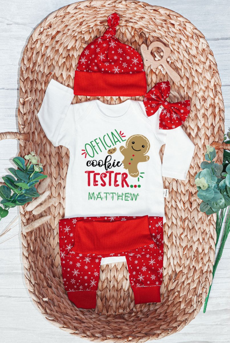 Personalized Christmas Neutral Baby Onesies and Long Pants Set | Gingerbread Cookies My First Christmas Baby Name | Newborn Xmas Outfit - BabiChic