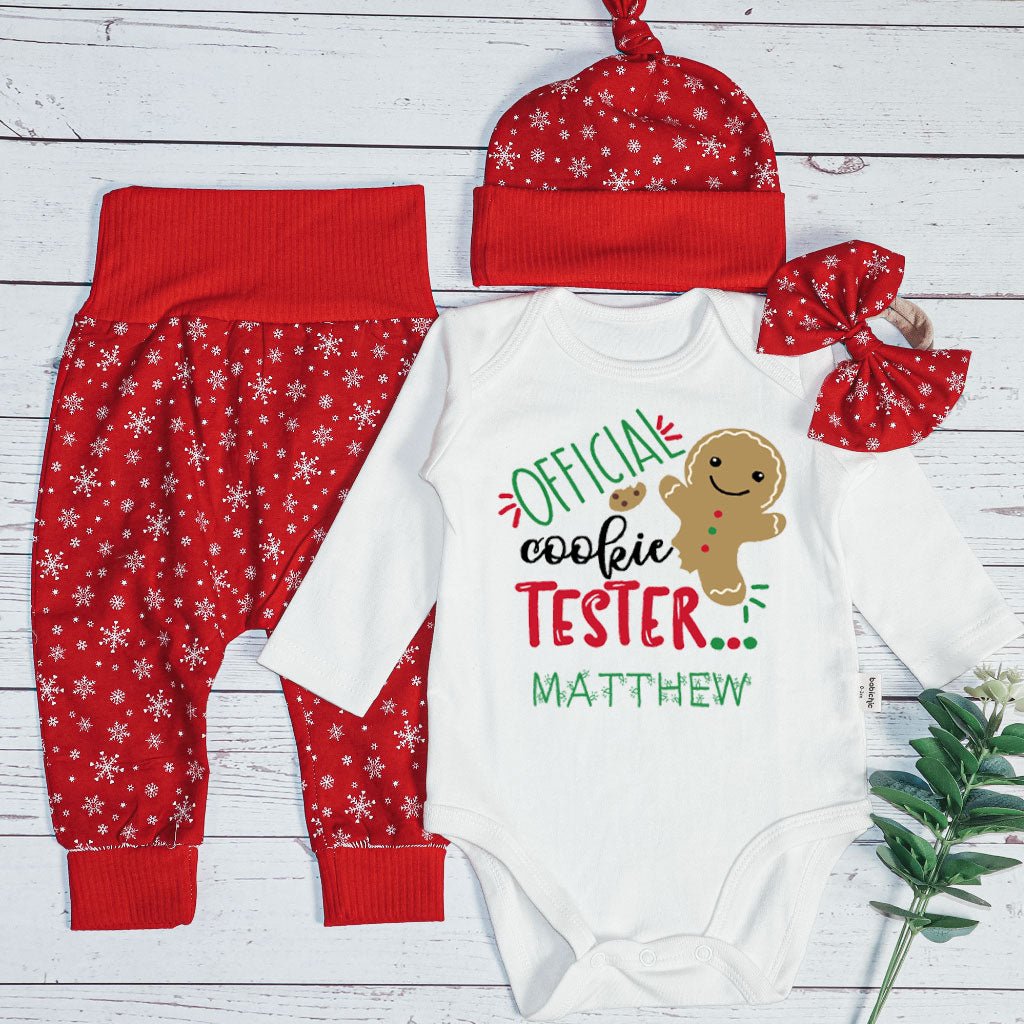 Personalized Christmas Neutral Baby Onesies and Long Pants Set | Gingerbread Cookies My First Christmas Baby Name | Newborn Xmas Outfit - BabiChic