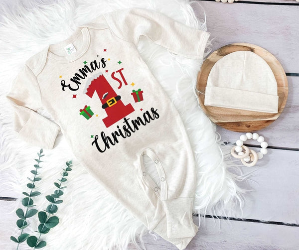 Personalized Christmas Neutral Baby Romper with Bow or Hat | My 1st Christmas Baby Romper With Name | Newborn Xmas Outfit - BabiChic