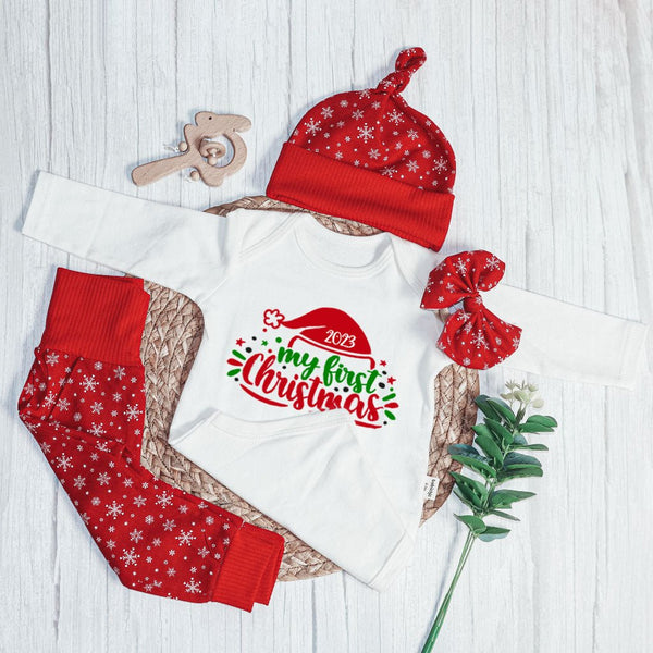 Personalized Christmas Neutral Infant Onesies and Long Pants Set | White Long Sleeve Bodysuit My First Christmas Santa Hat Baby Name - BabiChic