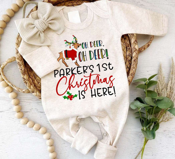 Personalized Christmas Neutral Infant Romper with Bow or Hat | Oatmeal Romper Oh Deer 1st Christmas is Here Baby Name | Infant Christmas Clothes - BabiChic