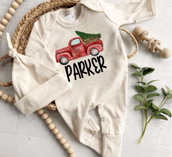 Personalized Christmas Neutral Infant Romper with Bow or Hat | Oatmeal Romper Red Truck Baby Name | Infant Christmas Outfit - BabiChic