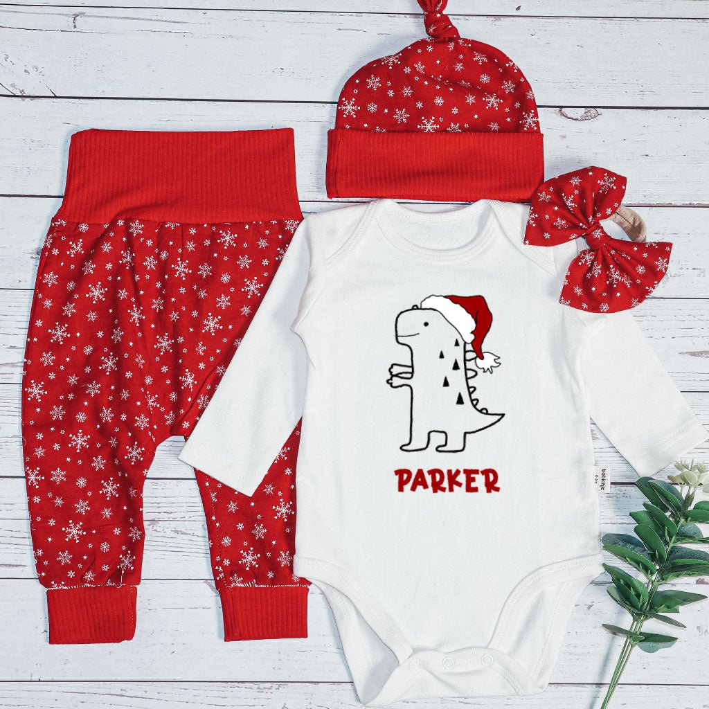 Personalized Christmas Neutral Long Sleeve Bodysuit and Long Pants Set | Custom Baby Onesies Cute T-Rex Dinosaur Baby Name - BabiChic