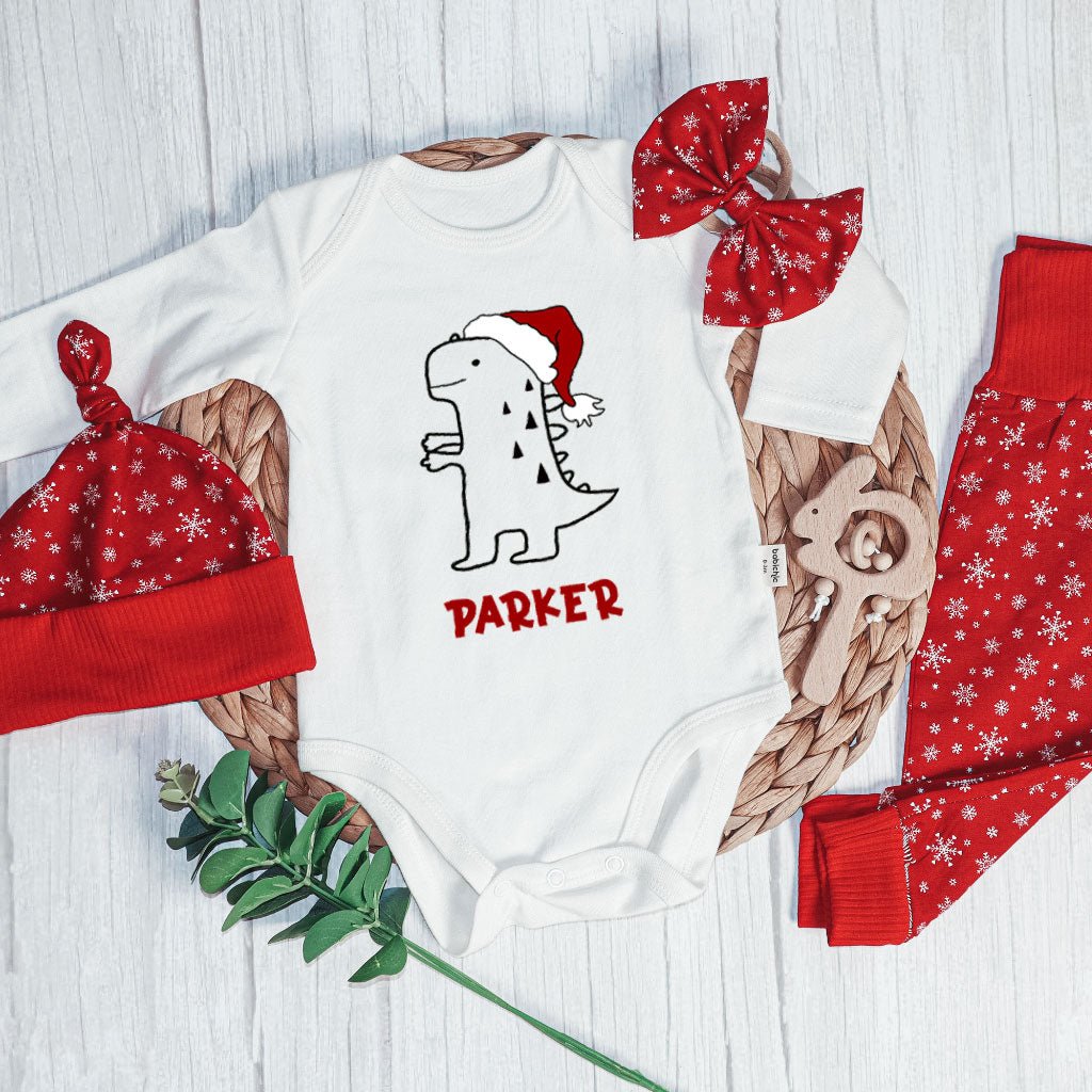 Personalized Christmas Neutral Long Sleeve Bodysuit and Long Pants Set | Custom Baby Onesies Cute T-Rex Dinosaur Baby Name - BabiChic