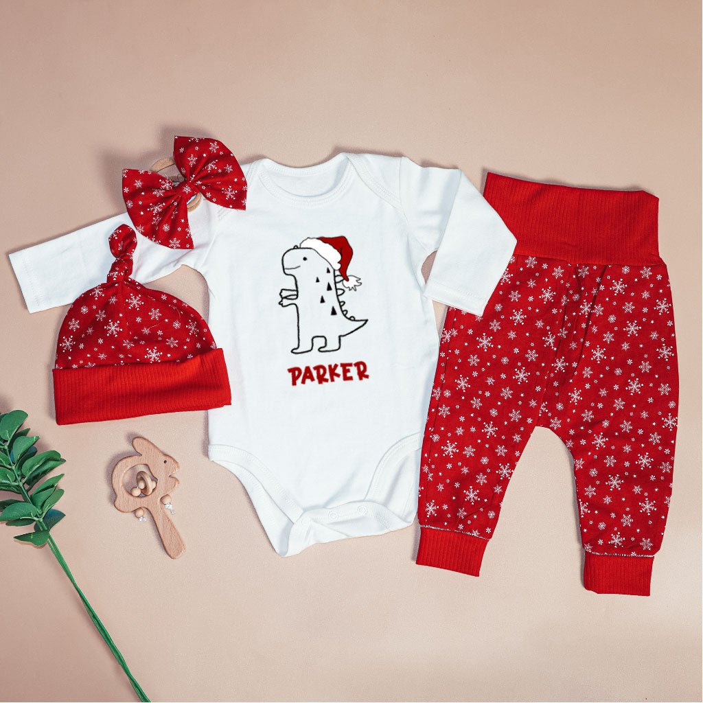 Personalized Christmas Neutral Long Sleeve Bodysuit and Long Pants Set | Custom Baby Onesies Cute T-Rex Dinosaur Baby Name - BabiChic