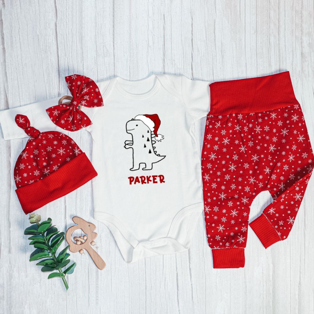 Personalized Christmas Neutral Long Sleeve Bodysuit and Long Pants Set | Custom Baby Onesies Cute T-Rex Dinosaur Baby Name - BabiChic