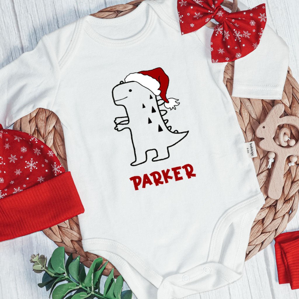 Personalized Christmas Neutral Long Sleeve Bodysuit and Long Pants Set | Custom Baby Onesies Cute T-Rex Dinosaur Baby Name - BabiChic