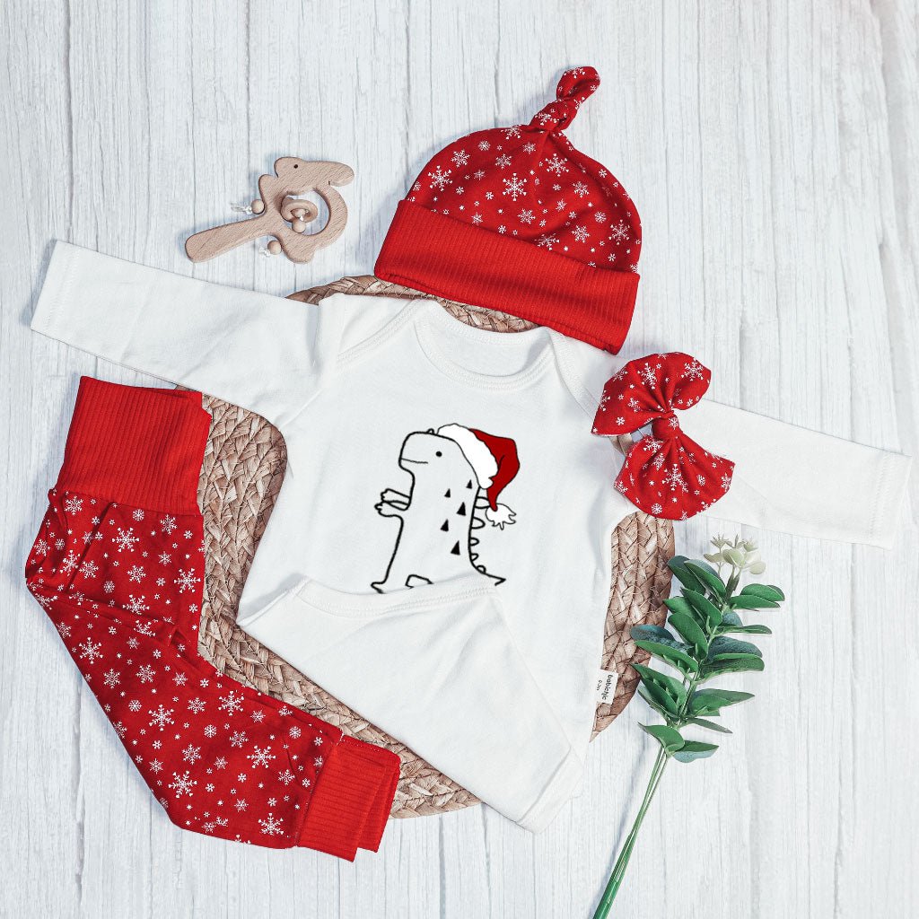 Personalized Christmas Neutral Long Sleeve Bodysuit and Long Pants Set | Custom Baby Onesies Cute T-Rex Dinosaur Baby Name - BabiChic