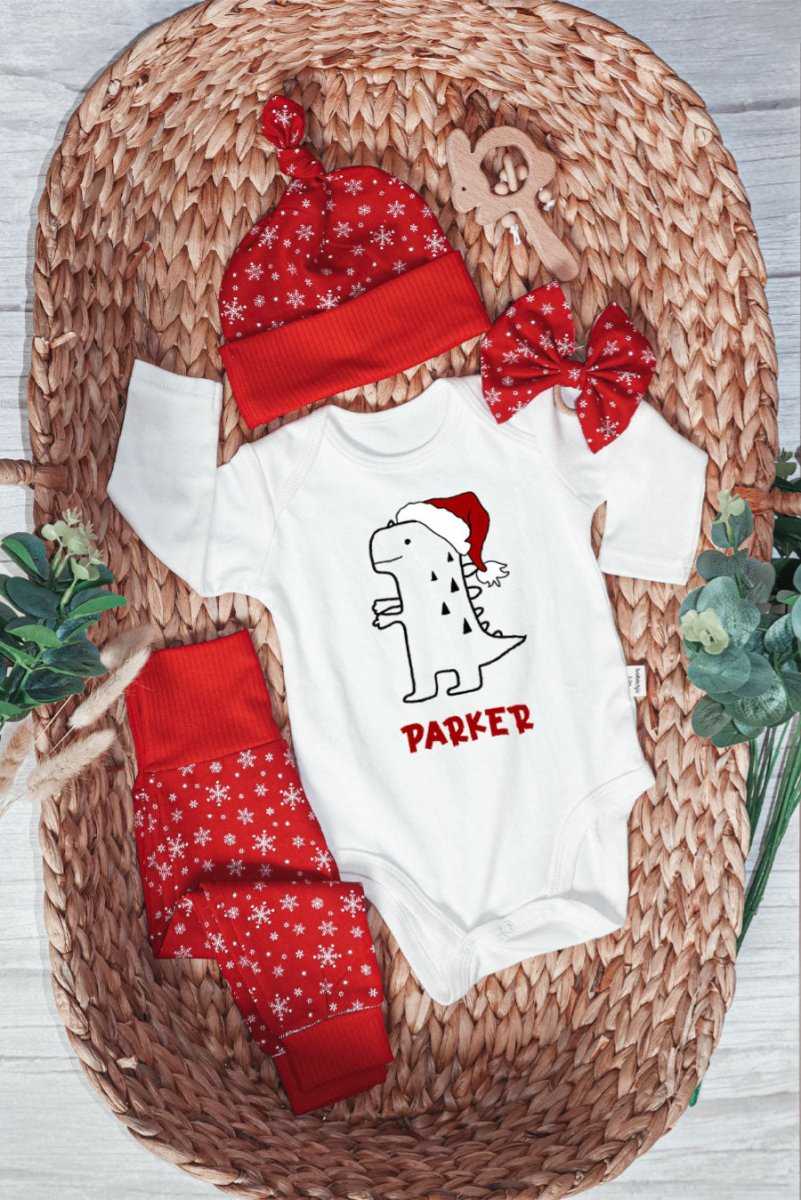 Personalized Christmas Neutral Long Sleeve Bodysuit and Long Pants Set | Custom Baby Onesies Cute T-Rex Dinosaur Baby Name - BabiChic