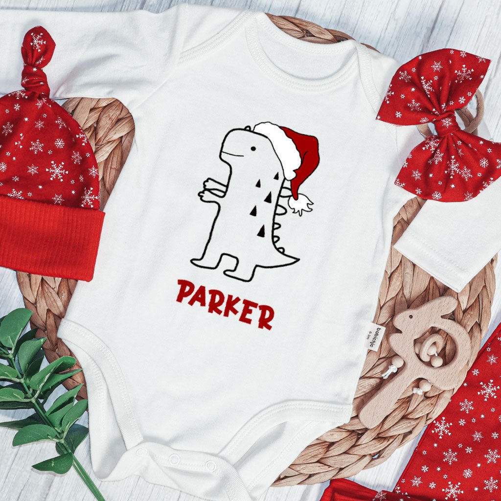 Personalized Christmas Neutral Long Sleeve Bodysuit and Long Pants Set | Custom Baby Onesies Cute T-Rex Dinosaur Baby Name - BabiChic